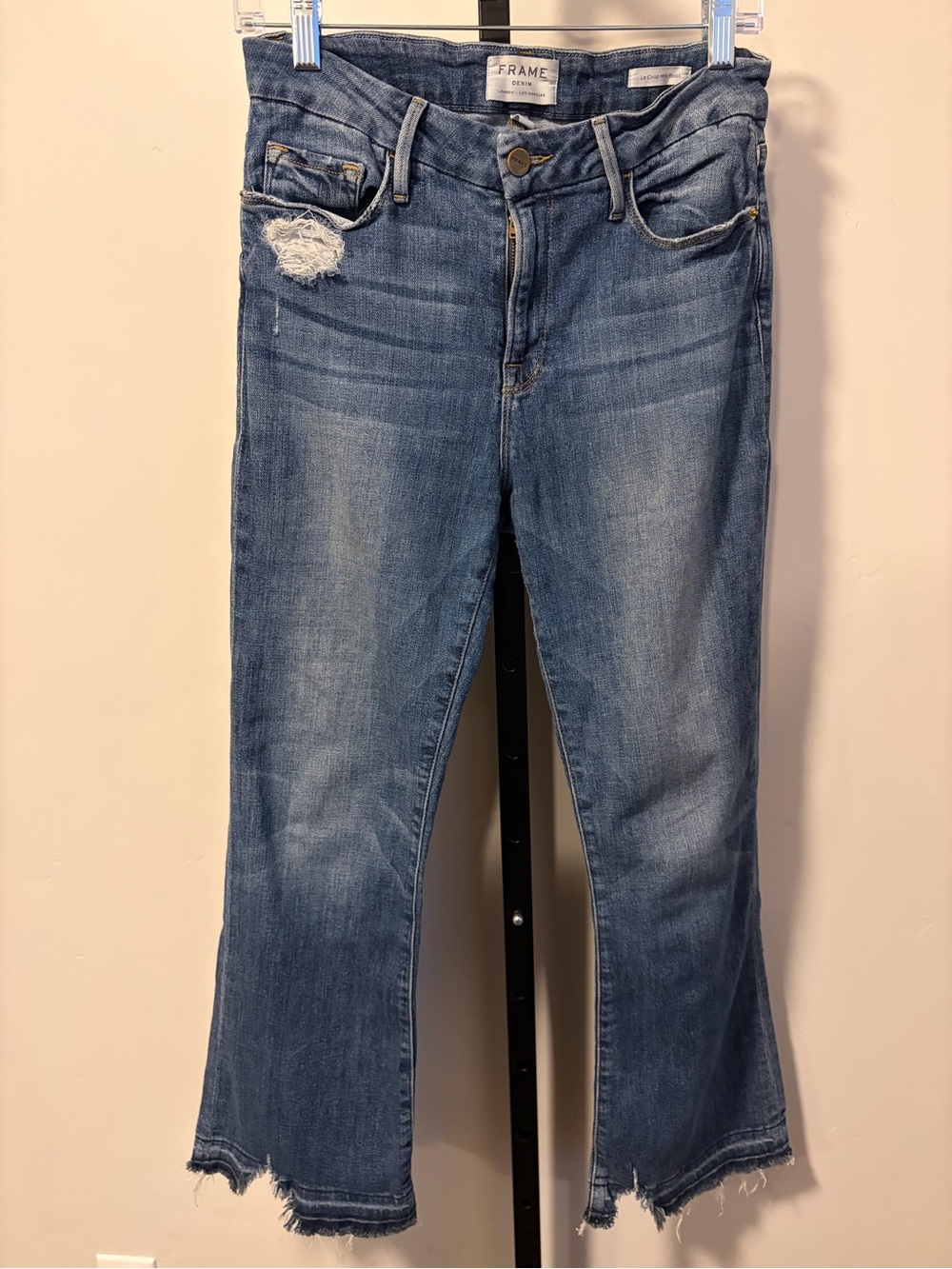 FRAME Le Crop Straight Jeans 28 Raw Hem High Rise Medium Wash Designer Denim
